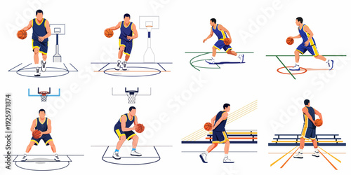 Basketball Player Vector Illustrations Set: Dynamic Poses on Court