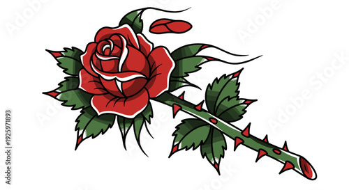 Tattoo Style Red Rose with Thorns.