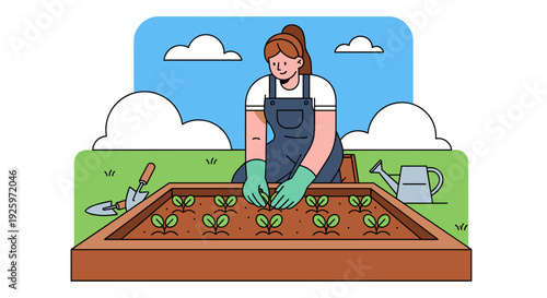 Woman Gardening in Raised Bed with Seedlings.
