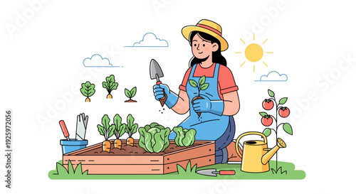 Woman Gardening in Raised Bed with Tools.