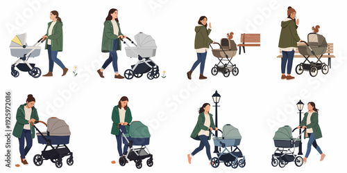 Set of illustrations: Young mother walking and interacting with baby strollers in park and city environments.