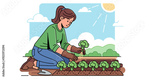 Woman Planting Broccoli in Garden Soil.