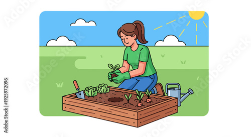 Woman Planting Flowers in Raised Garden Bed.