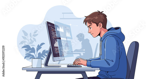 Young Man Working on Computer Intensely.