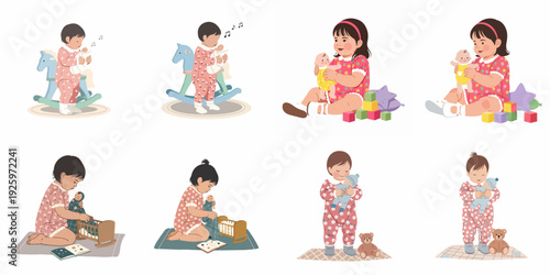 Adorable cartoon infants playing with dolls, rocking horses, and blocks, depicting early childhood activities and development in a charming illustration collection.