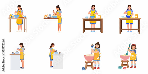 Collection of illustrations showing young women and girls happily baking and preparing food in the kitchen.