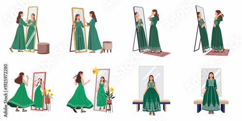 Beautiful woman in elegant green embroidered dress trying on, posing and admiring her reflection in various mirrors, a fashion and beauty collection.