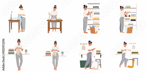 Woman doing laundry, folding clothes, and organizing clean items on shelves and into baskets, depicting a household routine and domestic chores.