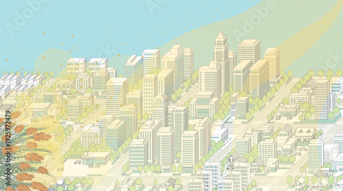 花粉と黄砂で霞んだ街並み. アイソメ図で描いた都市.