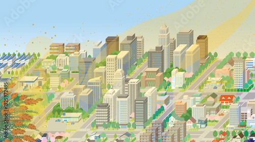 花粉と黄砂で霞んだ街並み. アイソメ図で描いた都市.