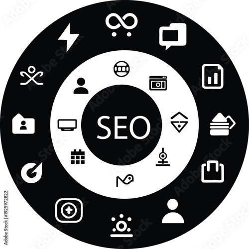 Comprehensive SEO marketing strategy circle concept with diverse web analysis and digital optimization icons in black and white vector design.