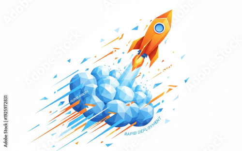 Dynamic illustration of a stylized rocket taking off with geometric smoke and speed trails, symbolizing rapid progress, innovative startup deployment, and the exciting journey to future success