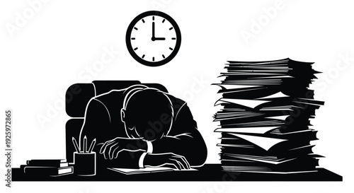 Stressed employee asleep at the desk with an enormous pile of documents and a clock showing overtime