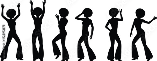 Vintage 1970s Dance Move Graphics, Energized Funk and Soul Dancers, vector, illustration, silhouette.