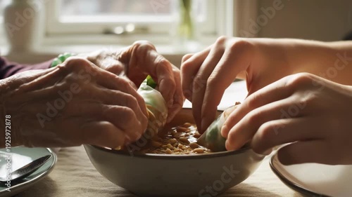 Hands dipping spring rolls into peanut sauce in a bowl indoors
