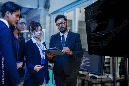 Tableau sur toile Artificial intelligence research team evaluating neural network algorithm efficiency