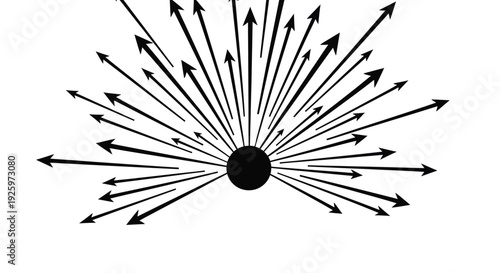 Graphic representation of a central point exploding outward with many directional arrows symbolizing dispersion