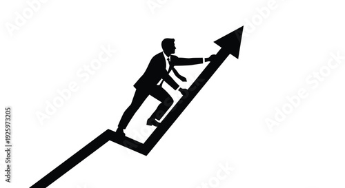 Silhouette of a businessman climbing steeply upward along an aggressive growth trend arrow