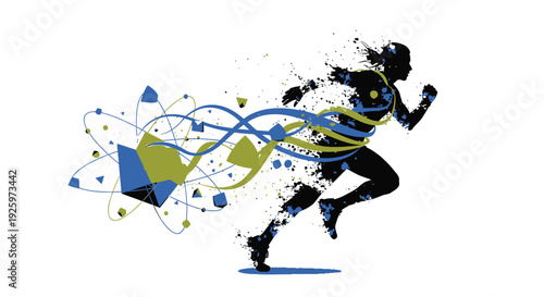 Running athlete vector silhouette with abstract lines