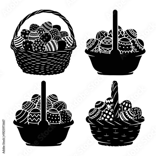 Decorative baskets filled with Easter eggs silhouettes for traditional holiday cards and retail shop window decals