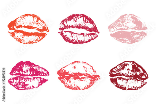 Set of lipstick kiss print Different shapes and colors imprint of lips Red pink female sexy lips makeup Design elements for beauty fashion poster Valentines Day wedding