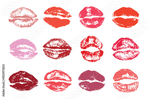 Set of lipstick kiss print Different shapes and colors imprint of lips Red pink female sexy lips makeup Design elements for beauty fashion poster Valentines Day wedding
