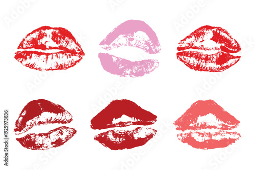 Set of lipstick kiss print Different shapes and colors imprint of lips Red pink female sexy lips makeup Design elements for beauty fashion poster Valentines Day wedding