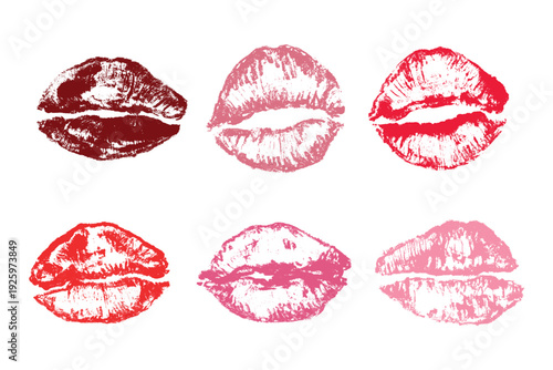 Set of lipstick kiss print Different shapes and colors imprint of lips Red pink female sexy lips makeup Design elements for beauty fashion poster Valentines Day wedding