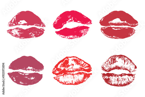 Set of lipstick kiss print Different shapes and colors imprint of lips Red pink female sexy lips makeup Design elements for beauty fashion poster Valentines Day wedding