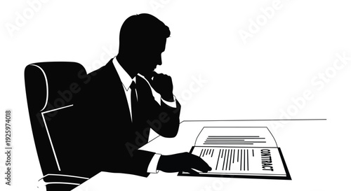 A focused businessman silhouette sits at a desk, carefully reviewing a legal contract document.
