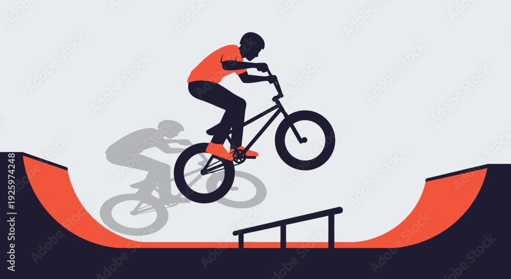 Fototapeta premium BMX Rider Jumps Ramp with Shadow and Rail - Extreme Sports Silhouette