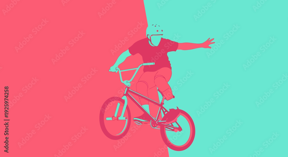 Fototapeta premium BMX rider performing a trick on a bike against a split pink and teal background