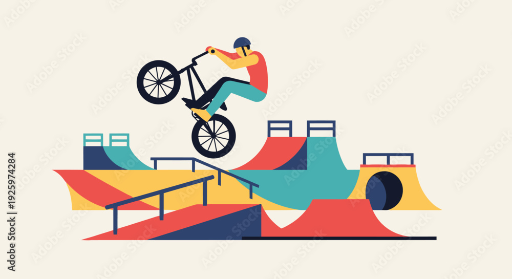 Naklejka premium BMX Rider Performing Stunt on Colorful Ramp Park, Extreme Sports Vector Illustration