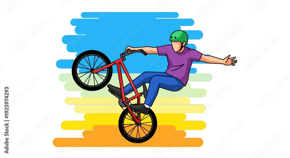 Fototapeta premium BMX rider performs a wheelie trick with arms outstretched against a colorful background