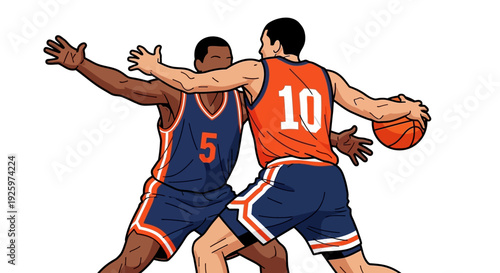 Basketball players dribbling and defending during a game, sports illustration
