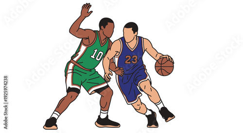 Basketball players dribbling and defending, athletic competition, sports action illustration