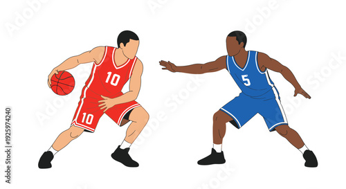 Basketball players, dribbling and defending, dynamic sports illustration on white background