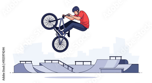 BMX rider performing a trick mid-air above a skatepark.