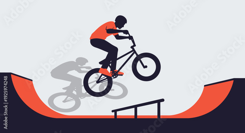 BMX Rider Jumps Ramp with Shadow and Rail - Extreme Sports Silhouette