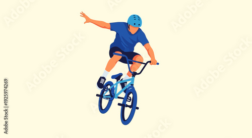 BMX rider performing aerial trick on bike, isolated on cream background, active lifestyle
