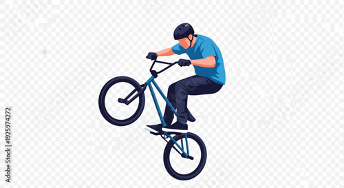 BMX rider performing a wheelie trick on a bicycle, dynamic action pose, flat design