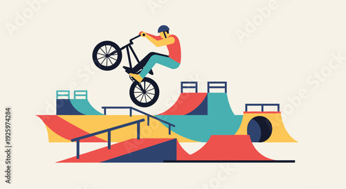 BMX Rider Performing Stunt on Colorful Ramp Park, Extreme Sports Vector Illustration