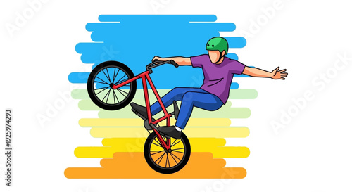 BMX rider performs a wheelie trick with arms outstretched against a colorful background
