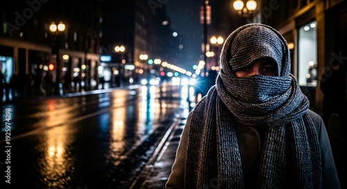 Woman Wrapped in Scarf Faces Rainy City Street at Night – Winter Portrait
