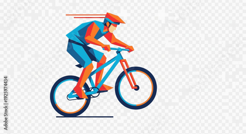 Mountain biker riding downhill on a bicycle, dynamic motion, vibrant colors