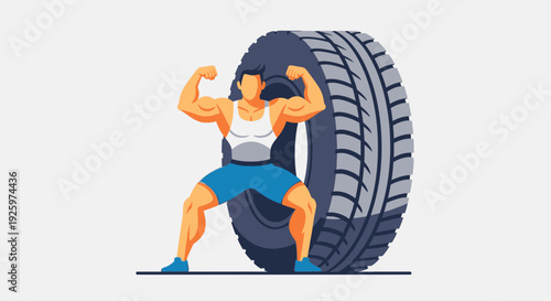 Muscular Man Flexing Biceps Beside Giant Tire