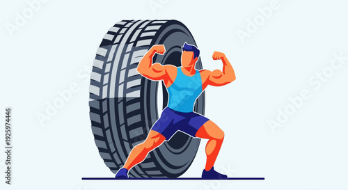 Muscular man flexing in front of car tire, fitness and strength concept illustration