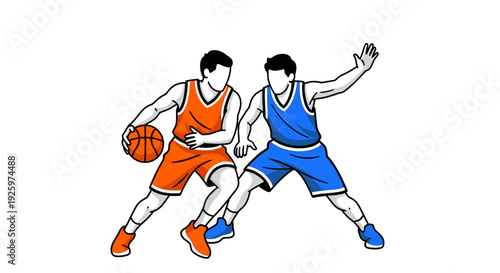 Two basketball players in action, one dribbling, one defending, illustration
