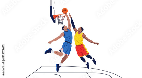 Two basketball players jumping for a slam dunk on a white background