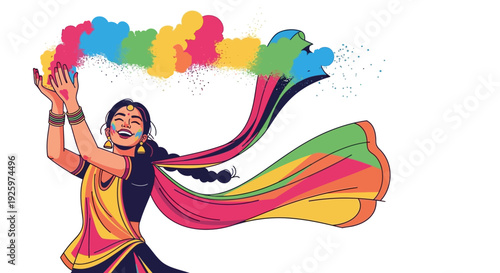 A joyful Indian woman celebrating Holi Festival Day with colorful powder splash, smiling and dancing in a vibrant dress